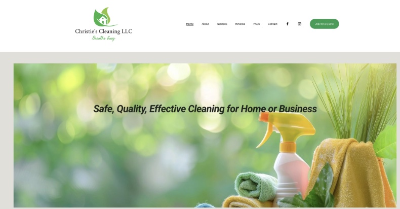 Christie's Cleaning website before: a blurry stock photo of cleaning supplies with a small italic headline